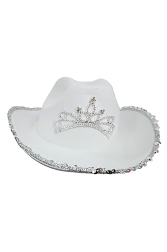 WickedFun® Weißer Cowboyhut mit Paillettenbesatz für Damen und Herren, mit breiter Krempe, Uni, Erwachsene, texanischer Cowgirl-Hut, Kostümparty-Zubehör von WickedFun