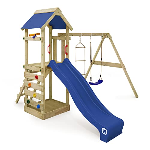 WICKEY Spielturm Klettergerüst FreeFlyer mit Schaukel & Blauer Rutsche, Outdoor Kinder Kletterturm mit Sandkasten, Leiter & Spiel-Zubehör für den Garten von Wickey