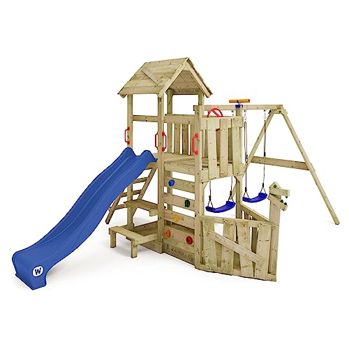 WICKEY Spielturm Klettergerüst GalleyFlyer mit Schaukel & Wellenrutsche, Garten Kletterturm für Kinder mit Sandkasten, Kletterleiter & Spiel-Zubehör – blau von Wickey