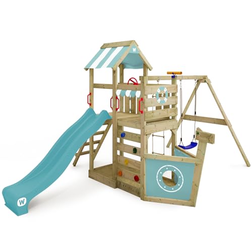 WICKEY Spielturm Klettergerüst SeaFlyer mit Schaukel & pastellblauer Rutsche, Outdoor Kinder Kletterturm mit Sandkasten, Leiter & Spiel-Zubehör für den Garten von Wickey