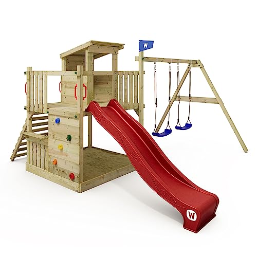 WICKEY Spielturm Klettergerüst Smart Cabin mit Schaukel & Rutsche, Stelzenhaus mit Sandkasten, Outdoor Kletterturm für Kinder, Kletterwand & Spiel-Zubehör – rot von Wickey