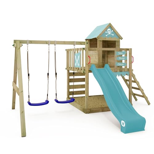 WICKEY Spielturm Klettergerüst Smart Cave mit Schaukel & Rutsche, Outdoor Kinder Kletterturm mit Sandkasten, Leiter & Spiel-Zubehör für den Garten (Pastellblau) von Wickey
