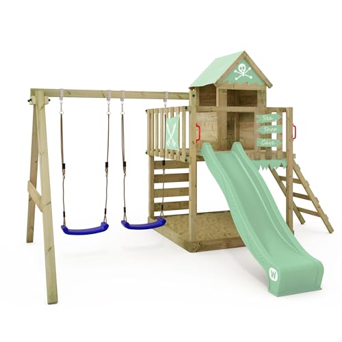 WICKEY Spielturm Klettergerüst Smart Cave mit Schaukel & Rutsche, Outdoor Kinder Kletterturm mit Sandkasten, Leiter & Spiel-Zubehör für den Garten (Pastellgrün) von Wickey
