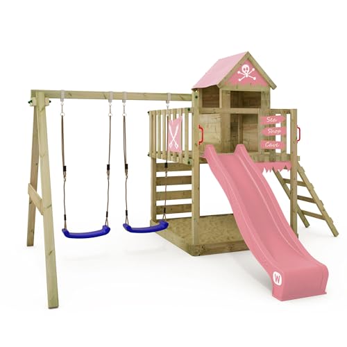 WICKEY Spielturm Klettergerüst Smart Cave mit Schaukel & Rutsche, Outdoor Kinder Kletterturm mit Sandkasten, Leiter & Spiel-Zubehör für den Garten (Pastellpink) von Wickey