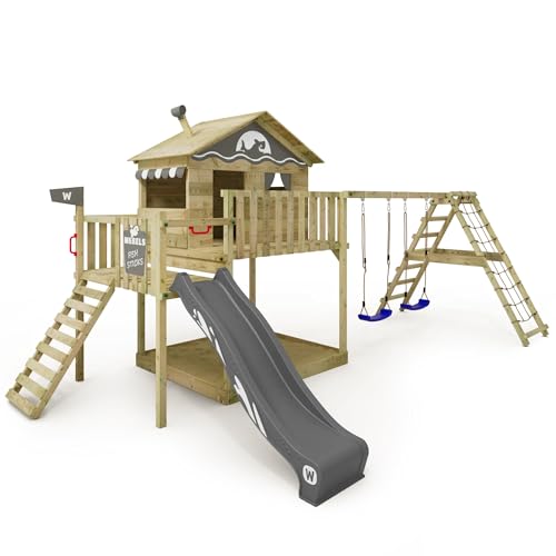 WICKEY Spielturm Klettergerüst Smart Ocean mit Schaukel & Rutsche, Outdoor Kinder Kletterturm mit Sandkasten, Leiter & Spiel-Zubehör für den Garten (anthrazit) von Wickey