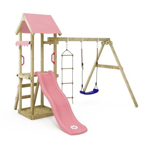 WICKEY Spielturm Klettergerüst TinyCabin mit Schaukel & Pastellpinker Rutsche, Outdoor Kinder Kletterturm mit Sandkasten, Leiter & Spiel-Zubehör für den Garten WICKEY Spielturm Klettergerüst TinyCabin mit Schaukel & Pastellpinker Rutsche, Outdoor Kinder Kletterturm mit Sandkasten, Leiter & Spiel-Zubehör für den Garten von Wickey