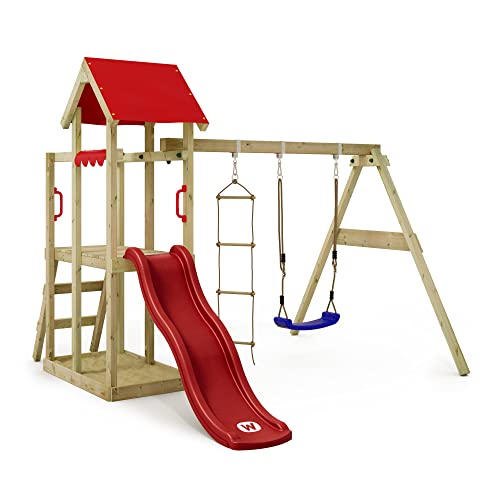 WICKEY Spielturm Klettergerüst TinyPlace mit Schaukel & roter Rutsche, Outdoor Kinder Kletterturm mit Sandkasten, Leiter & Spiel-Zubehör für den Garten von Wickey