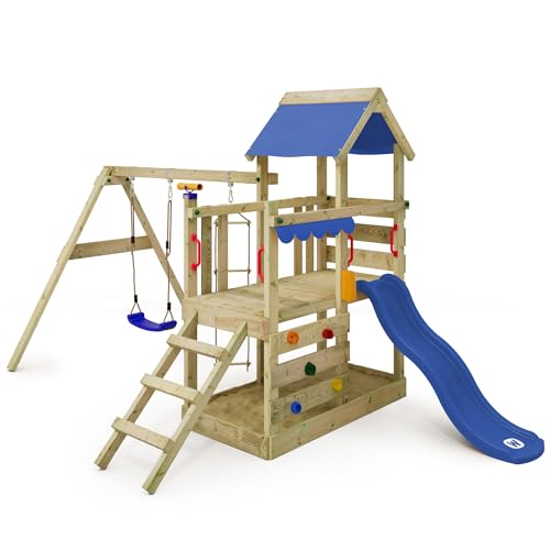 WICKEY Spielturm Klettergerüst TurboFlyer mit Schaukel & Blauer Rutsche, Outdoor Kinder Kletterturm mit Sandkasten, Leiter & Spiel-Zubehör für den Garten von Wickey