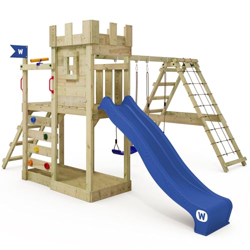 WICKEY Spielturm Ritterburg GateFlyer mit Schaukel & Blauer Rutsche, Outdoor Kinder Kletterturm mit Sandkasten, Leiter & Spiel-Zubehör für den Garten von Wickey