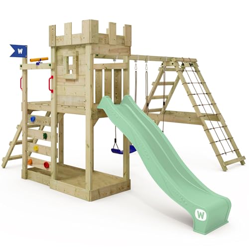 WICKEY Spielturm Ritterburg GateFlyer mit Schaukel & Rutsche, Outdoor Kinder Kletterturm mit Sandkasten, Leiter & Spiel-Zubehör für den Garten (Pastellgrün) von Wickey