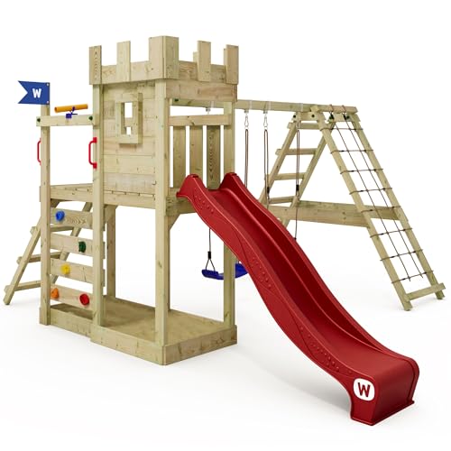 WICKEY Spielturm Ritterburg GateFlyer mit Schaukel & roter Rutsche, Outdoor Kinder Kletterturm mit Sandkasten, Leiter & Spiel-Zubehör für den Garten von Wickey