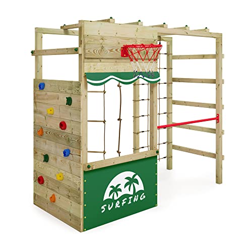 Wickey Klettergerüst Outdoor Spielturm Smart Action mit grüner Plane, Spielgerät mit Kletterwand, Basketballkorb & Spiel-Zubehör für Kinder im Garten aus Holz von Wickey