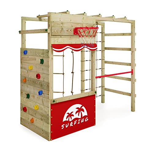 Wickey Klettergerüst Outdoor Spielturm Smart Action mit roter Plane, Spielgerät mit Kletterwand, Basketballkorb & Spiel-Zubehör für Kinder im Garten aus Holz von Wickey