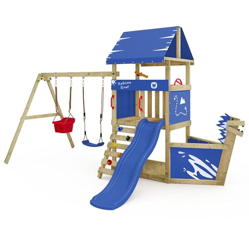 Wickey Spielturm DinkyHouse Piratenschiff - Blaue Rutsche & Plane - Kinder Kletterturm für den Garten aus Massivholz - 372x317x247 cm von Wickey
