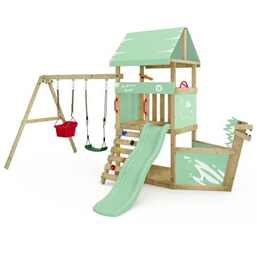 Wickey Spielturm DinkyHouse Piratenschiff - pastellgrüne Rutsche & Plane - Kinder Kletterturm für den Garten aus Massivholz - 372x317x247 cm von Wickey