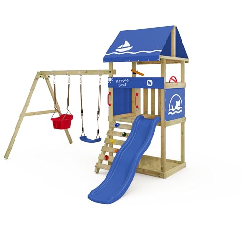 Wickey Spielturm DinkyHouse mit Schaukelanbau - Blaue Rutsche & Plane - Kinder Kletterturm für den Garten aus Massivholz - 303x317x247 cm von Wickey