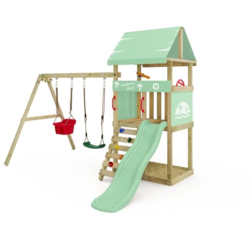 Wickey Spielturm DinkyHouse mit Schaukelanbau - pastellgrüne Rutsche & Plane - Kinder Kletterturm für den Garten aus Massivholz - 303x317x247 cm von Wickey
