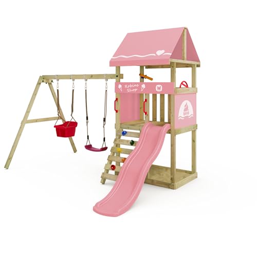 Wickey Spielturm DinkyHouse mit Schaukelanbau - pastellpinke Rutsche & Plane - Kinder Kletterturm für den Garten aus Massivholz - 303x317x247 cm von Wickey