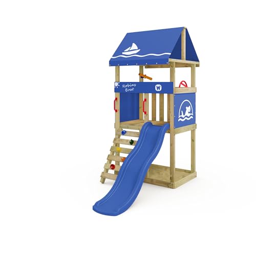 Wickey Spielturm DinkyHouse ohne Schaukelanbau - Blaue Rutsche & Plane - Kinder Kletterturm für den Garten aus Massivholz - 219x114x247 cm von Wickey