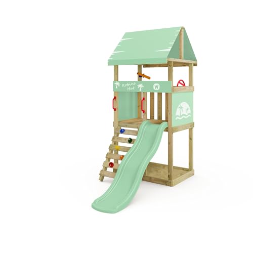 Wickey Spielturm DinkyHouse ohne Schaukelanbau - pastellgrüne Rutsche & Plane - Kinder Kletterturm für den Garten aus Massivholz - 219x114x247 cm von Wickey