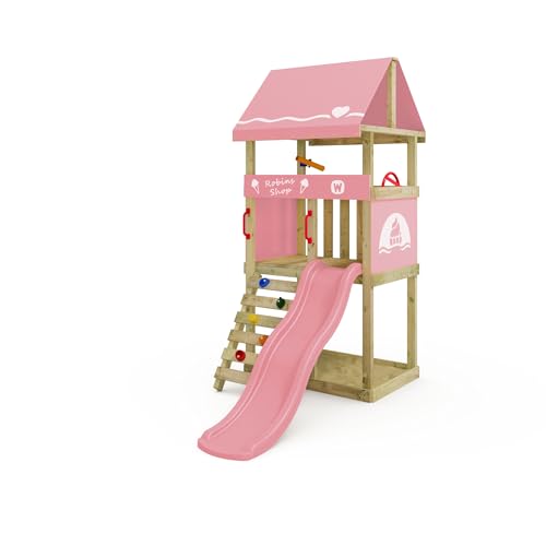 Wickey Spielturm DinkyHouse ohne Schaukelanbau - pastellpinke Rutsche & Plane - Kinder Kletterturm für den Garten aus Massivholz - 219x114x247 cm von Wickey
