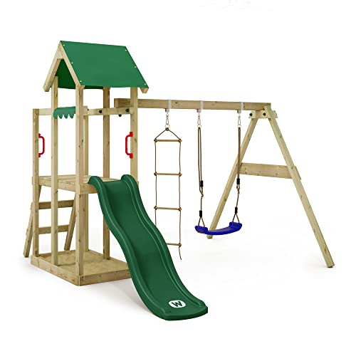 WICKEY Spielturm Klettergerüst TinyPlace mit Schaukel & grüner Rutsche, Outdoor Kinder Kletterturm mit Sandkasten, Leiter & Spiel-Zubehör für den Garten von Wickey