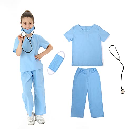 Wiclin Kinder Arzt Kostüm Arzt Rollenspiel Kostüm für Jungen Mädchen 4pcs- Arzt Top, Hose, Maske und ein Stethoskop. (M 7-9Jahre) von Wiclin