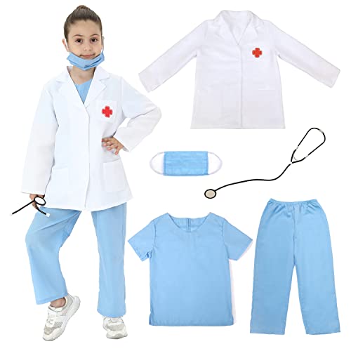 Wiclin Kinder Arzt Kostüm Arzt Rollenspiel Kostüm für Jungen Mädchen 5pcs-ein Doktor weißer Mantel, Top, Hose, Maske und ein Stethoskop. (XS 3-5Jahre) von Wiclin
