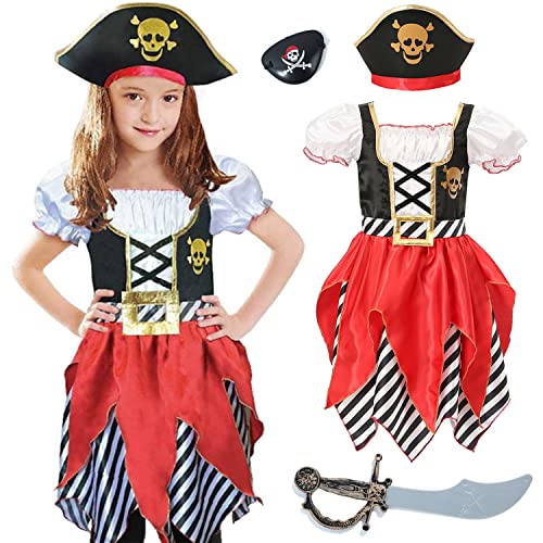 Wiclin Mädchen Piraten Kostüm Buccaneer Prinzessin Kleid für Kinder Piraten Lass Kostüm Rollenspiel Dress Up Set 7-8Jahre von Wiclin