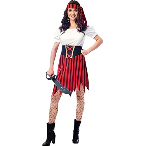 Wiclin Piratenkostüm für Damen, Piraten-Kostüm, Piraten-Kostüm, bescheidener Stil, Kleid mit Gürtel und Kopfbedeckung, L von Wiclin