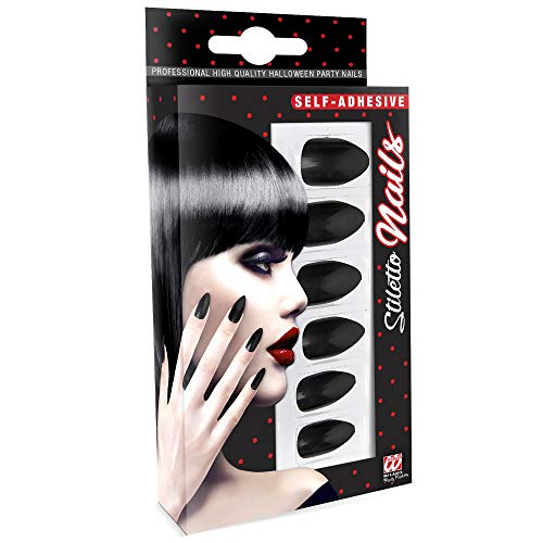 Widmann 05341 - Fingernägel Set Stiletto, 12 Stück, Schwarz, selbstklebend, Accessoire, Karneval, Mottoparty, Halloween von WIDMANN