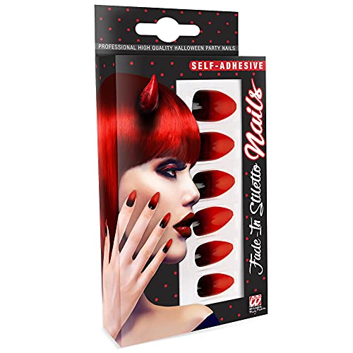 Widmann 05365 - Fingernägel Set Stiletto, 12 Stück, Rot-Schwarz, selbstklebend, Accessoire, Karneval, Mottoparty, Halloween von Widmann