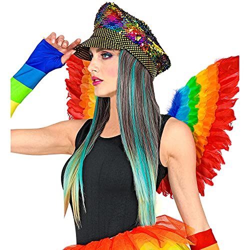 Widmann 03008 - Regenbogen-Mütze mit Haaren und Pailletten, glänzende Kopfbedeckung, Hut mit langem Kunsthaar, Accessoires, Karneval, Verkleidung, Mottoparty von WIDMANN