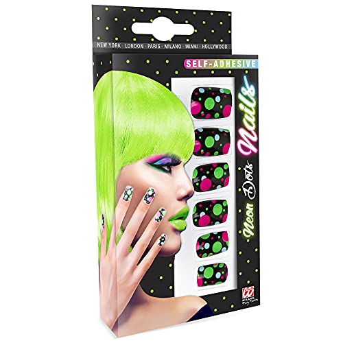 Widmann 05374 - Fingernägel Set Neon Punkte, 12 Stück, selbstklebend, Accessoire, Karneval, Mottoparty, Halloween von WIDMANN