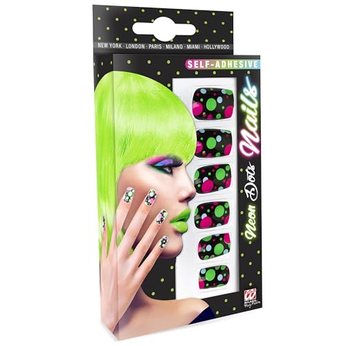 Widmann 05374 - Fingernägel Set Neon Punkte, 12 Stück, selbstklebend, Accessoire, Karneval, Mottoparty, Halloween von WIDMANN