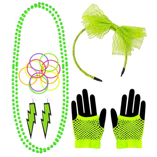 "NEON GREEN THE 80s FASHION ACCESSORIES" (lace bow headband, 2 beaded necklaces, pair of earrings, pair of fingerless fishnet gloves, 10 bracelets) - von WIDMANN