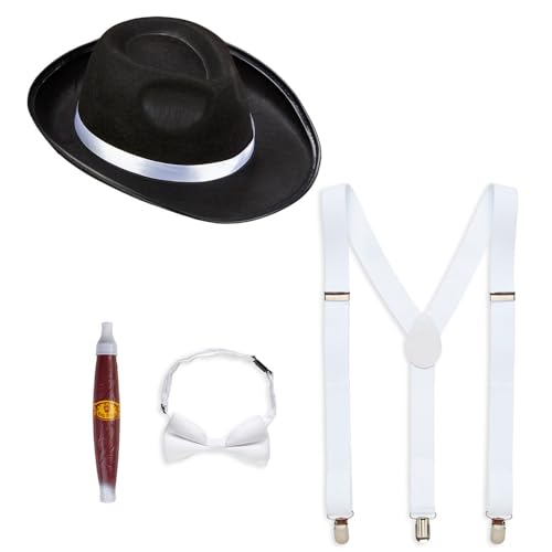 Widmann 68555 - Kostüm-Set Gangster, 4-teilig, Hut, Hosenträger, Fliege und Zigarre, Charleston, 20er Jahre, Mafia-Boss, Accessoires, Karneval, Verkleidung, Mottoparty von WIDMANN MILANO PARTY FASHION