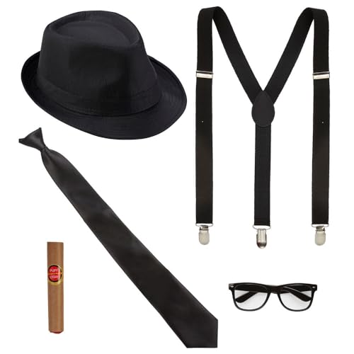 Widmann 68558 - Kostüm-Set König des Blues, 5-teilig, Hut, Hosenträger, Krawatte, Brille und Zigarre, Charleston, Gangster, Mafia-Boss, Brothers, Accessoires, Karneval, Verkleidung, Mottoparty von WIDMANN