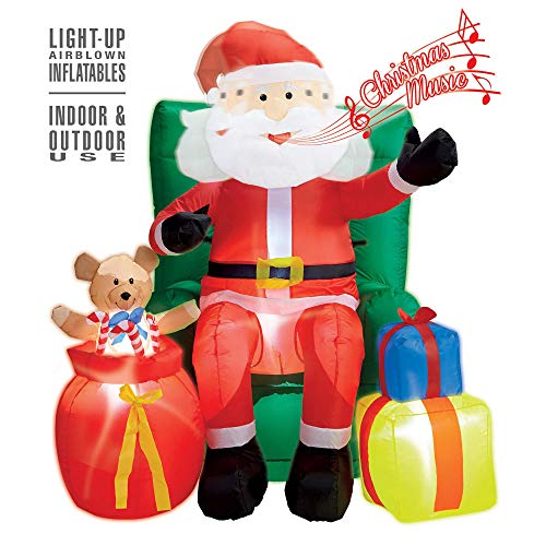 Widmann - Aufblasbarer sitzender Weihnachtsmann, 122 cm, leuchtend mit Gebläse, animierter Kopf mit Musik, Weihnachten Deko von WIDMANN