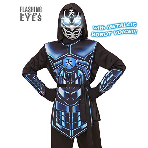 "CYBER NINJA" (hooded coat, tabard, belt, arm guards, mask with flashing light eyes & 3 robot voice sounds) (3 x AAA batteries included) - (140 cm / 8-10 Years) von WIDMANN