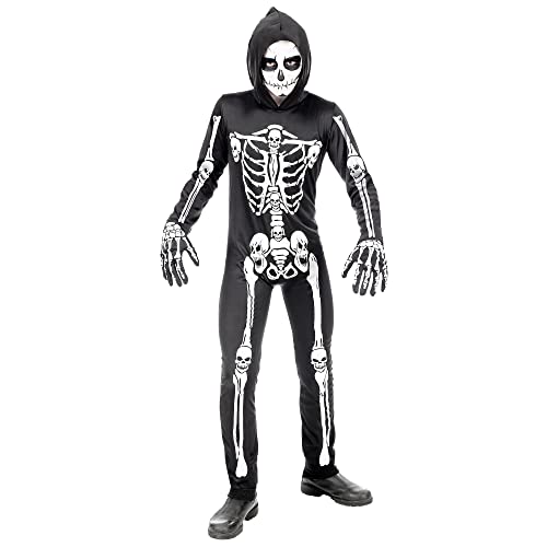 W WIDMANN MILANO Party Fashion - Kinderkostüm Skelett, Overall mit Kapuze, weiß, leuchtet unter UV-Licht, Halloween Verkleidung, 158 von W WIDMANN MILANO Party Fashion