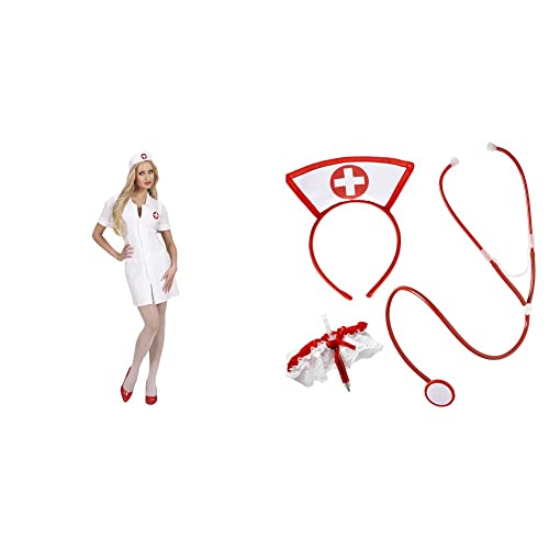 Widmann - Kostüm Krankenschwester, Kleid, Arzt, Faschingskostüme, Karneval & 9864Y - Kostümset Krankenschwester, Kopfteil, Strumpfband mit Spitze, Stethoskop, Mottoparty, Karneval von Widmann