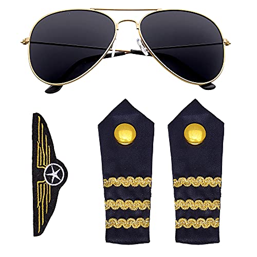 Widmann 00085 - Piloten Set, 3-teilig, Sonnenbrille, Schulterklappen, Abzeichen, Verkleidungsset, Accessoire, Karneval, Mottoparty von WIDMANN MILANO PARTY FASHION