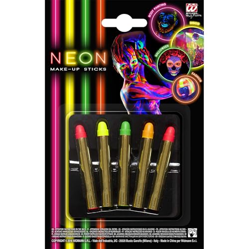W WIDMANN MILANO Party Fashion 50004 - Make-Up Schminkstifte Neon, 5 Stück, Schminkfarben, Mottoparty, Karneval von Widmann