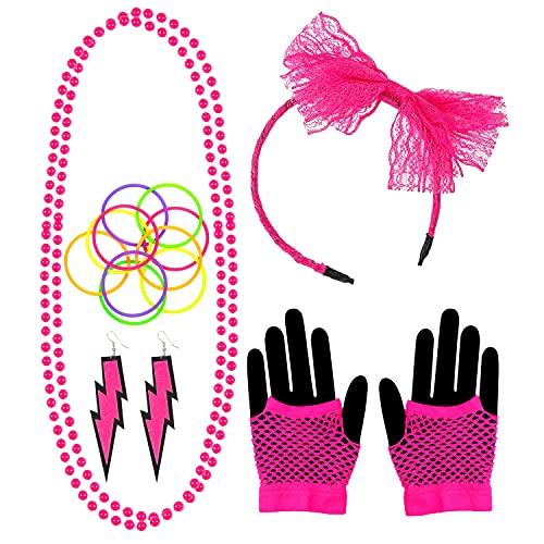 "NEON PINK THE 80s FASHION ACCESSORIES" (lace bow headband, 2 beaded necklaces, pair of earrings, pair of fingerless fishnet gloves, 10 bracelets) - von WIDMANN