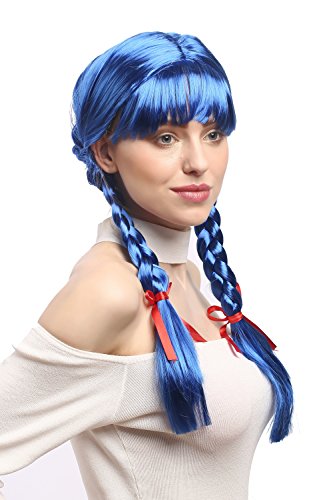 WIG ME UP - XR-008-PC3 Perücke Damen Karnveval Fasching Cosplay Zöpfe geflochten mit Schleifen Pony Schulmädchen Lolita Blau ca. 60 cm von WIG ME UP