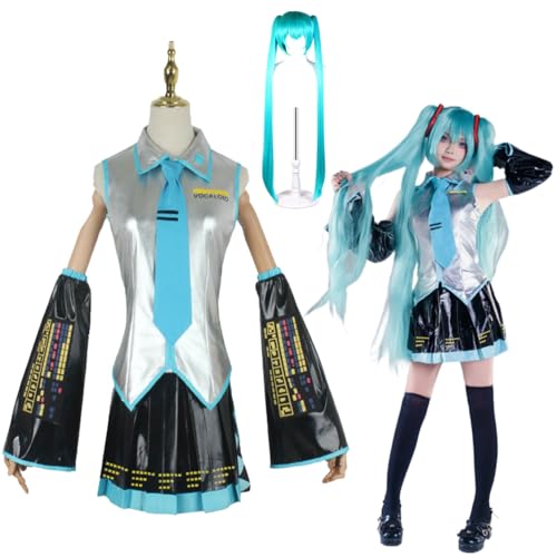 Anime Hatsune-Miku Cosplay Outfit mit Perücke Anfänger Kostüm für zukünftige Matrosen Ärmel Headset Kopfbedeckung Zubehör Uniform Set Kleidung Halloween Karneval Kostüm für Frauen Unisex (Silver) von Wigbiu