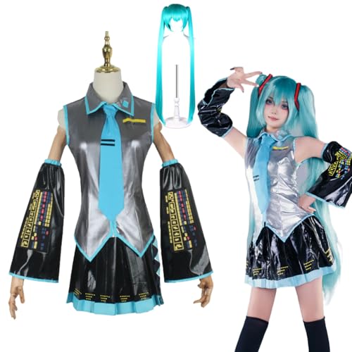 Anime Hatsune-Miku Cosplay Outfit mit Perücke Anfänger Kostüm für zukünftige Matrosen Ärmel Headset Kopfbedeckung Zubehör Uniform Set Kleidung Halloween Karneval Kostüm für Frauen Unisex (Silver gray) von Wigbiu