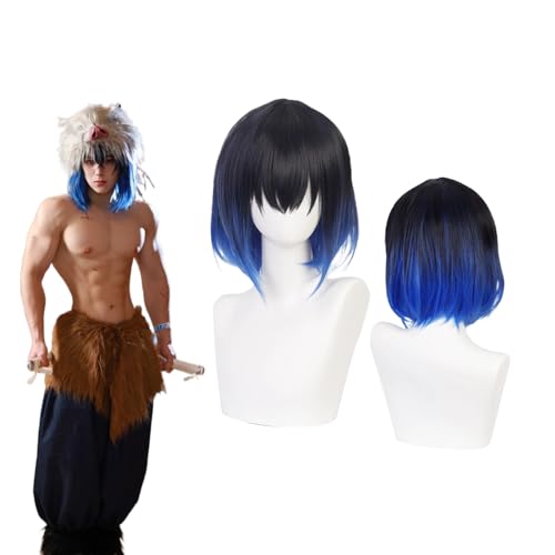Anime Inosuke Cosplay Perücke für Demon Slayer Blaue Kurze Perücke aus Kunstfaser für Erwachsene Männer Kinder Perücke Halloween Anime Party Weihnachtskarneval Party mit Perückenkappe von Wigbiu