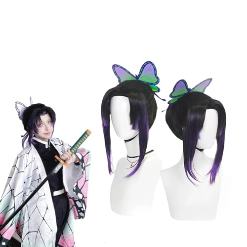 Anime Kochou Shinobu Perücke für Demon Slayer Kurze schwarz Violette Perücke für Frauen und Kinder HalloweenWeihnachtskarnevalsparty Kunstfaserperücken mit Schmetterlingshaarspange und Perückenkappe von Wigbiu